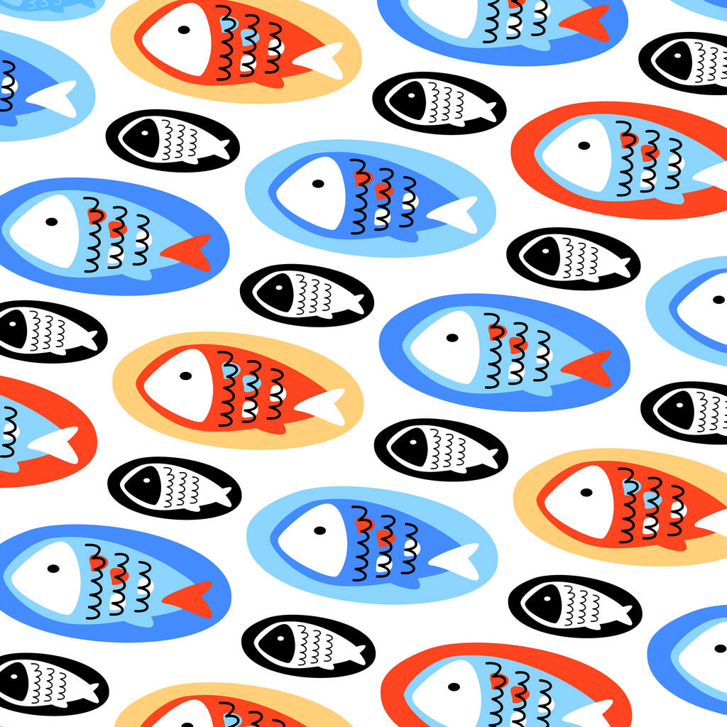魚のパターン。多色楕円形の多色のグラフィック魚、白い背景に。水中世界の様式化。平面ベクトル図. - ベクター画像