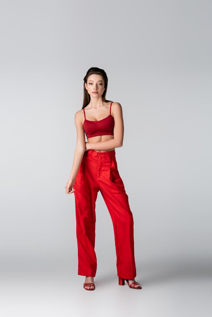 comprimento total de jovem modelo bonito em roupa vermelha posando em cinza - Foto, Imagem