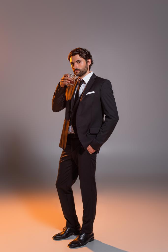 full length view of man in elegant suit holding glass of whiskey on grey background with light - Photo, Image