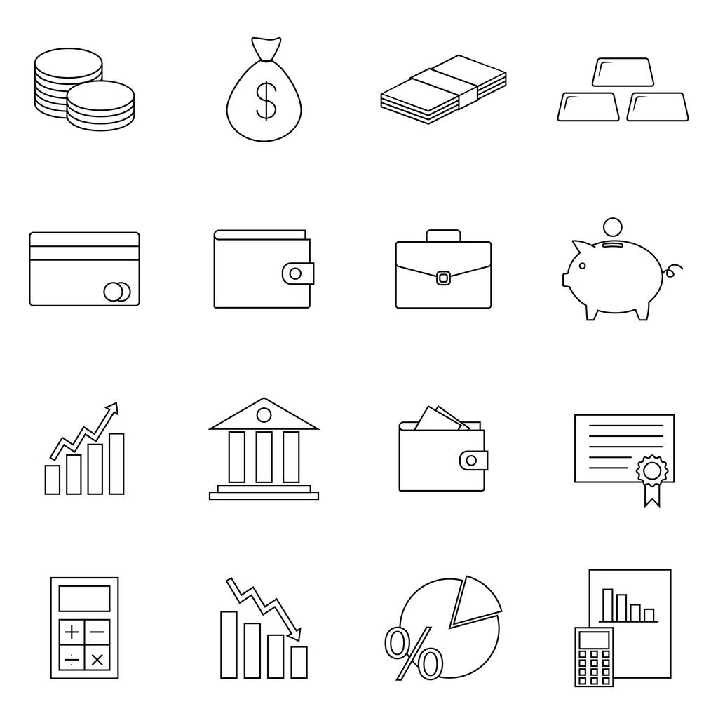 Простой набор векторных иконок, связанных с деньгами. Содержит такие иконки, как Wallet, банкомат, Связка денег, Монета и многое другое. - Вектор,изображение