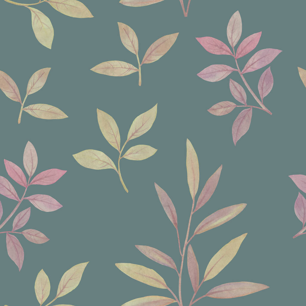 シームレスな植物パターン。紙に描かれた水彩画の葉とデザインの装飾品に組み立てられました。. - 写真・画像