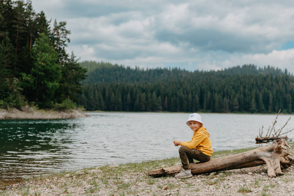 Küçük çocuk dağ gölünün yakınındaki kütüğün üzerinde oturuyor. Yalnız bir çocuk sessizce oturur ve güzel dağ manzarasına bakar. Göl çocuğu Göl Oğlanı Göl Kasabası - Fotoğraf, Görsel
