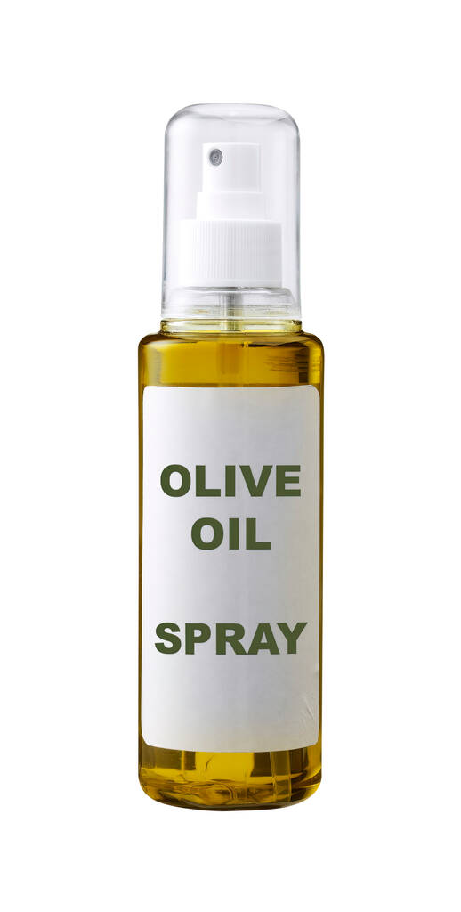 Glasflasche mit Spray-Olivenöl isoliert auf weißem Hintergrund. - Foto, Bild