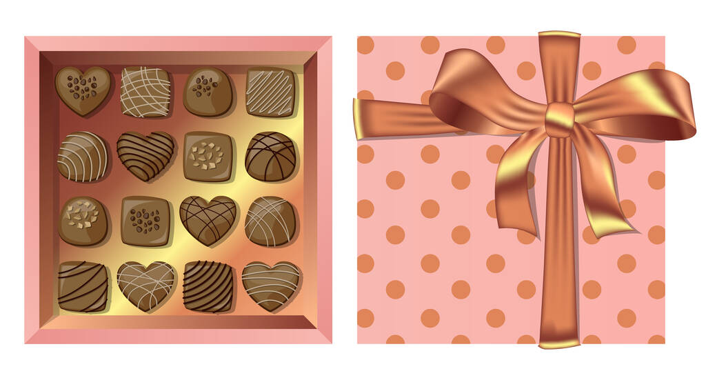 Vector festliche Draufsicht rosa Geschenk offene quadratische Box mit Bronzeband und Schleife und Milchschokolade Bonbons isoliert auf weiß. - Vektor, Bild