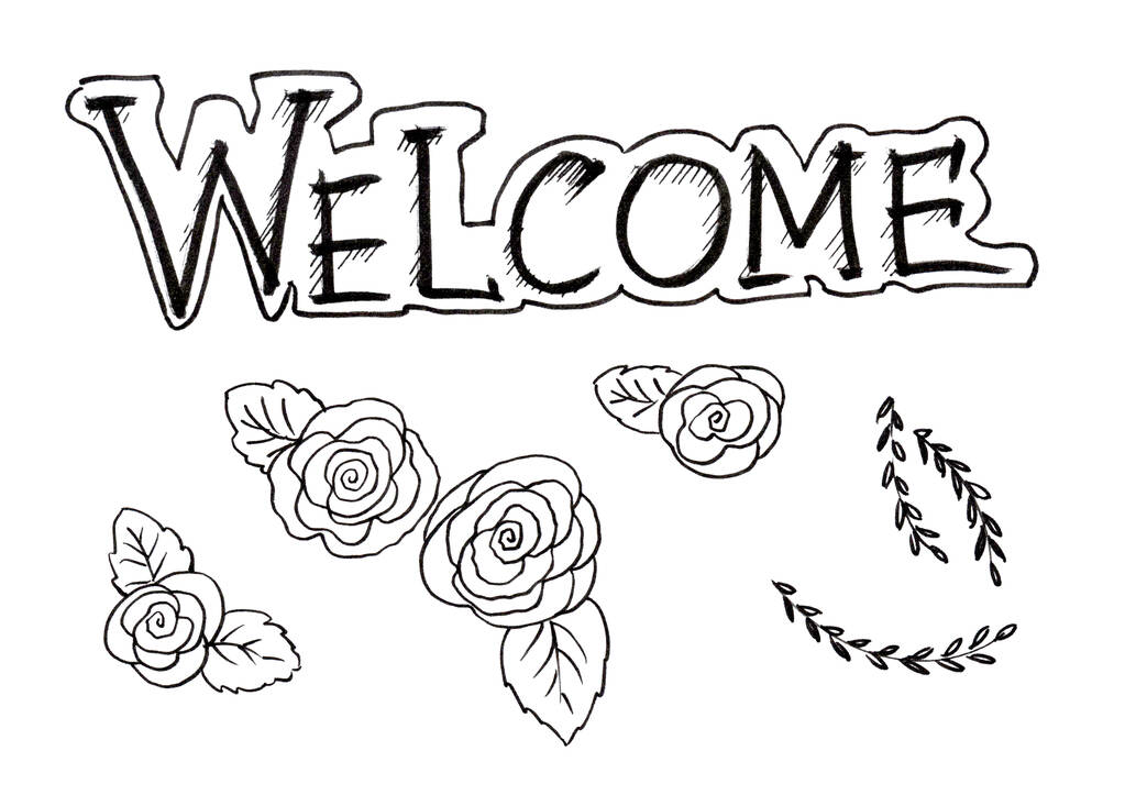Witamy napisy kaligraficzne z dekoracyjnymi elementami róż i liści. Czarny kolor. Odizolowany. Tekst motywacyjny - Zdjęcie, obraz