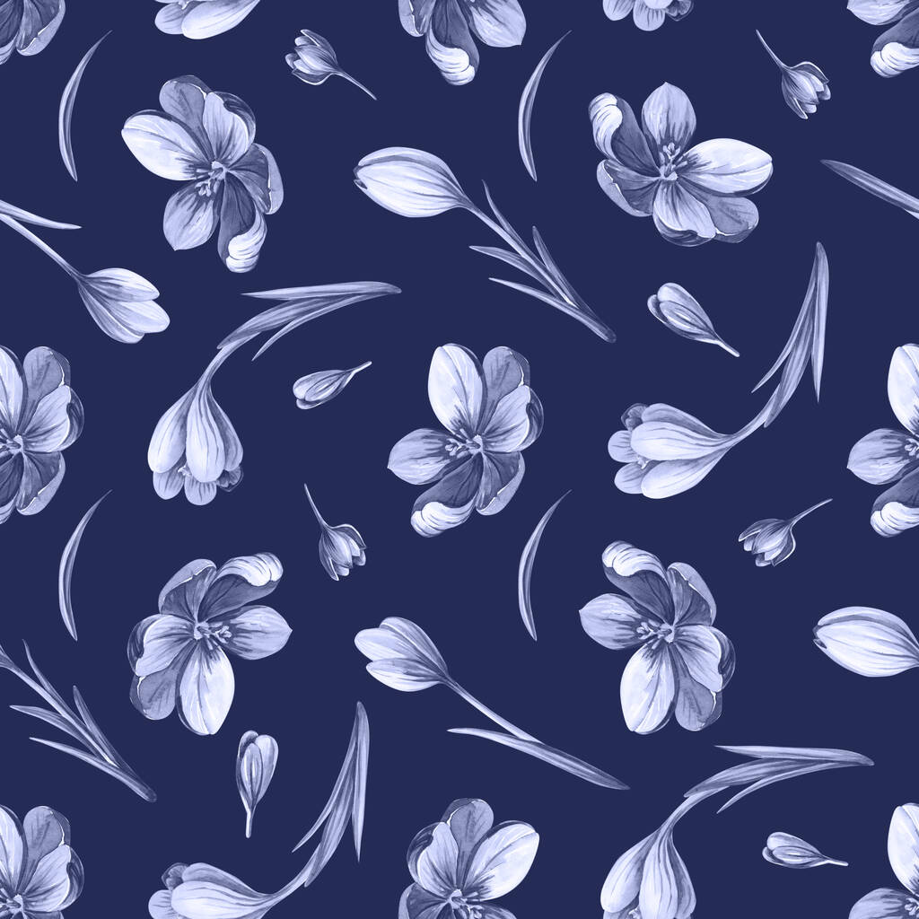 Beautiful spring seamless pattern with blue crocus. Фиолетовые цветы шафрана в темноте - Фото, изображение
