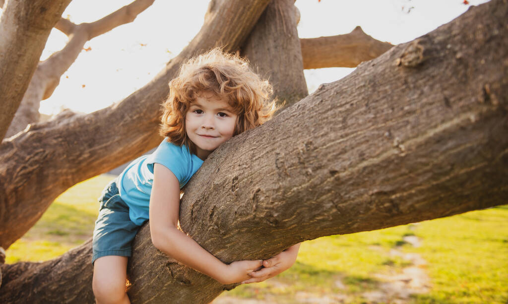 Gyerek fára mászik. Aranyos kaukázusi fiú boldogan fekszik egy fán, ölelkezve egy nagy ágat.. - Fotó, kép