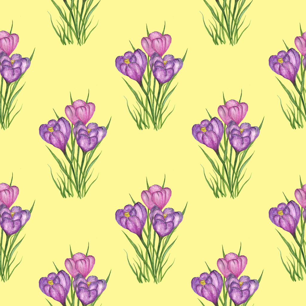 Безшовний візерунок з фіолетовими і рожевими крокусами на жовтому тлі. Весняні букети з квітів. Акварельна ілюстрація. Для друку на тканині, дизайну упаковки, листівок
. - Фото, зображення
