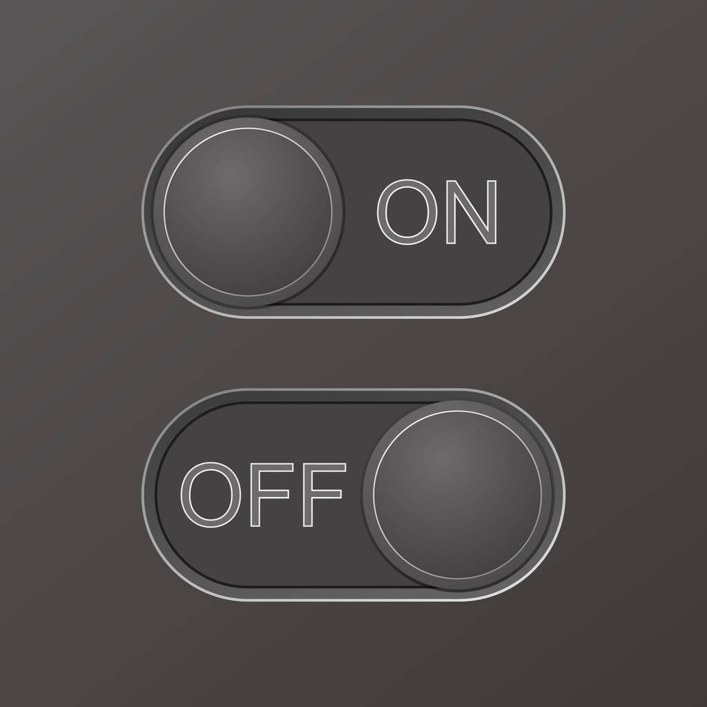 Botones de radio negro ENCENDIDO y APAGADO, ubicados sobre un fondo negro. 3 D. Ilustración vectorial. - Vector, imagen
