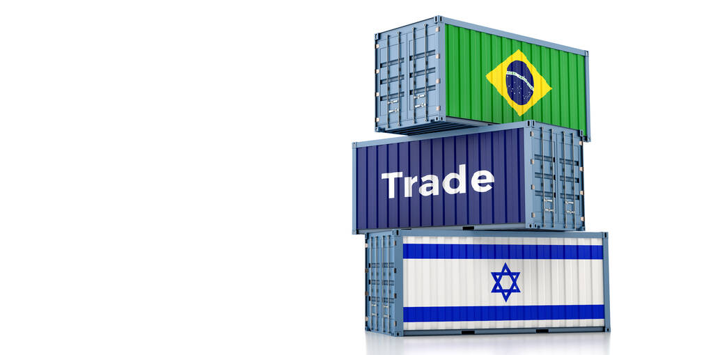 Cargo containers with Brazil and Israel national flags. 3D Rendering  - Photo, Image