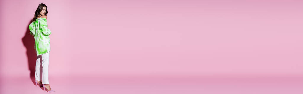 longitud completa de la mujer morena en traje elegante posando en rosa, bandera - Foto, imagen
