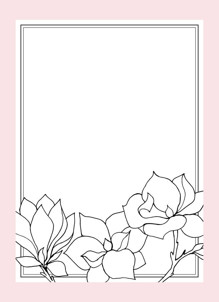 Rectangular postcard template with a rectangular frame decorated with a bouquet of decorative magnolia flowers, hand drawn in black outline on a pink background. - Vector, Image