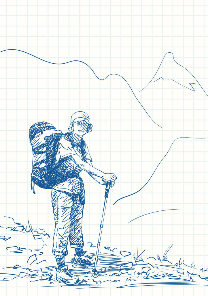 Nainen vaellus vuoristossa iso reppu, Blue kynä luonnos neliön verkkoon kannettavan sivun, Käsin piirretty vektori kuva - Vektori, kuva
