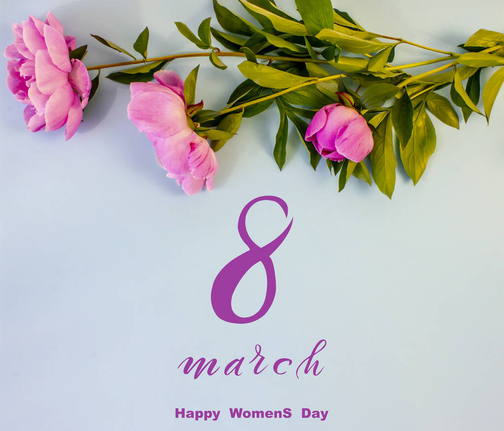 Día Internacional de la Mujer 8 de marzo! Flat Lay, pancarta, tarjeta de felicitación con flores a partir del 8 de marzo. - Foto, imagen