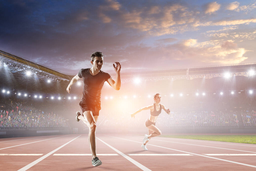 Мужчина в спортивной одежде бегает. Смешанные медиа - Фото, изображение