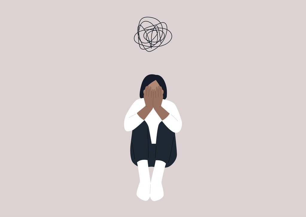 Een jong vrouwelijk personage dat hun gezicht bedekt met handen, een wanhopige situatie, racisme, stress en angst, geestelijke gezondheidsproblemen - Vector, afbeelding