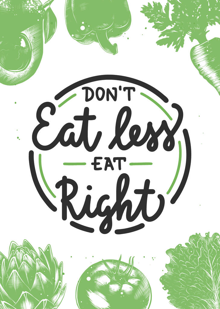 Διάνυσμα τροφίμων και του αθλητισμού κίνητρο υγιεινό τρόπο ζωής αφίσα. Μην τρώτε λιγότερο τρώνε σωστά, σύγχρονη καλλιγραφία βούρτσα σε κύκλο με τα λαχανικά σκίτσο. Χειρόγραφα γράμματα σε λευκό φόντο. - Διάνυσμα, εικόνα