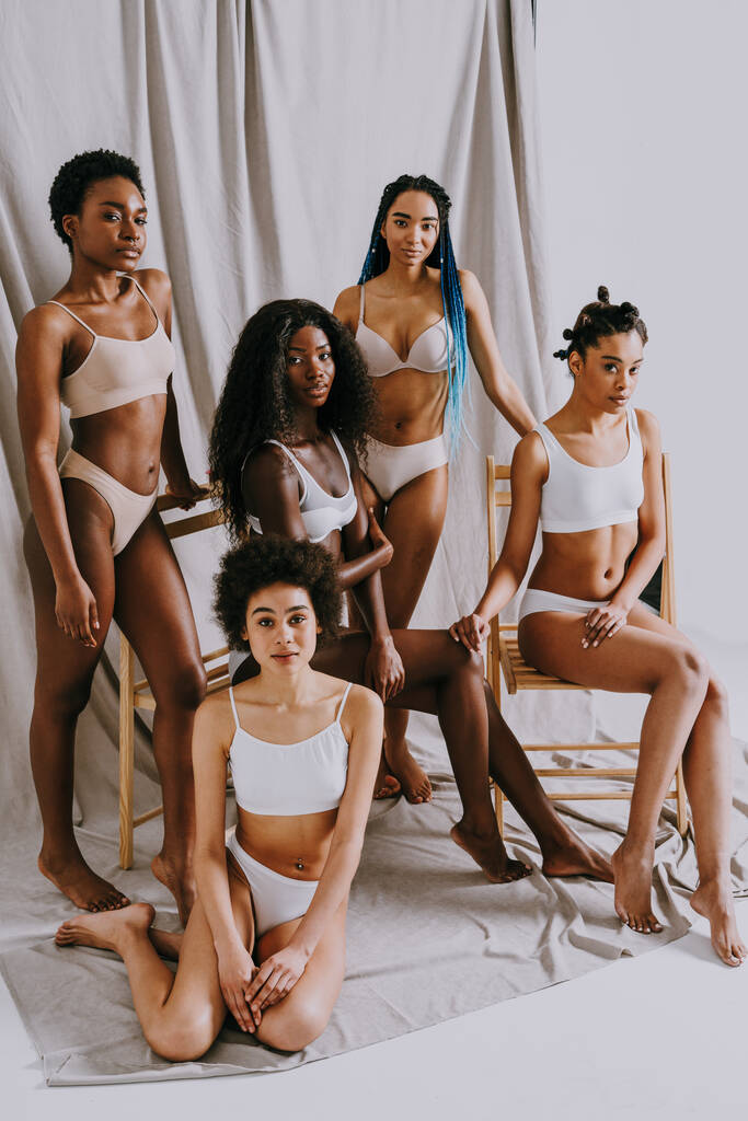 Schoonheidsportret van mooie zwarte vrouwen in lingerie ondergoed - Mooie Afrikaanse jonge vrouwen poseren in studio, concepten over schoonheid, kosmetologie en diversiteit - Foto, afbeelding