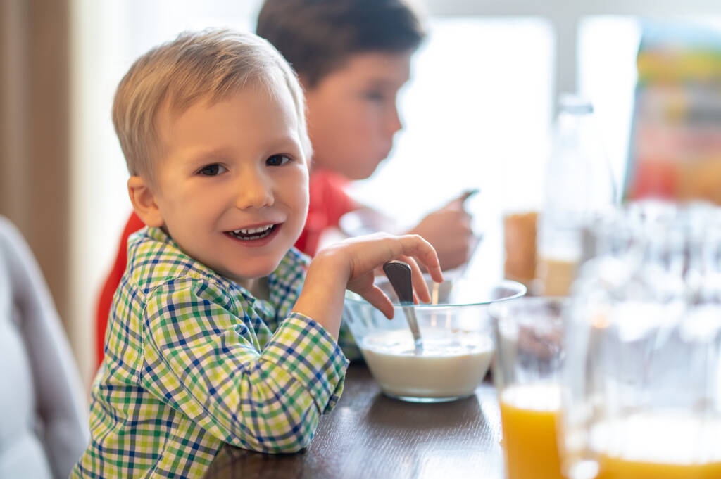 Веселый мальчик с тарелкой хлопьев на завтрак, глядя вперед - Фото, изображение