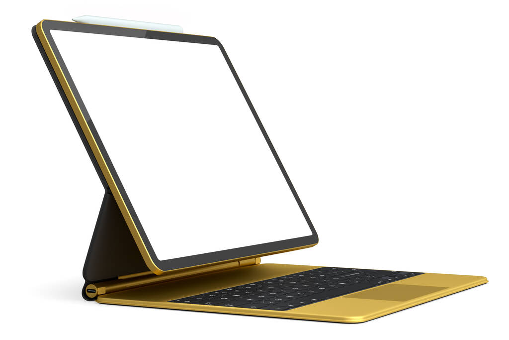Złoty tablet komputerowy z klawiaturą i czystym ekranem izolowanym na białym tle. Koncepcja renderowania 3D kreatywnego designerskiego sprzętu i kompaktowej przestrzeni roboczej - Zdjęcie, obraz