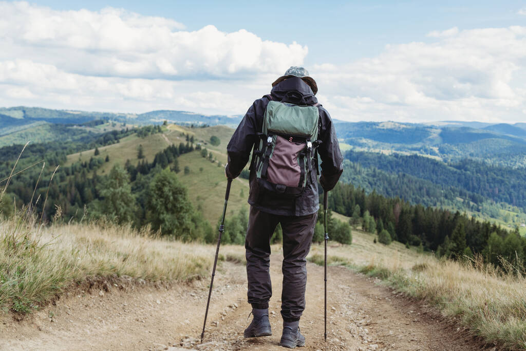 Visão traseira do caminhante jovem com mochila e postes de trekking andando nas montanhas - Foto, Imagem