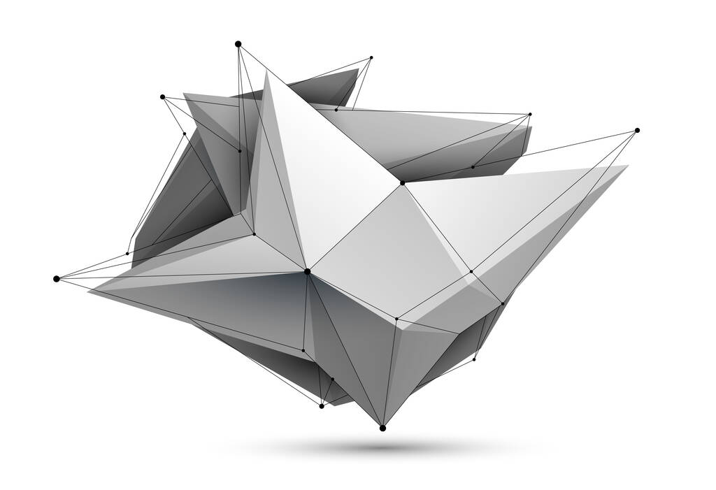 Forma astratta a basso poli isolata su bianco, disegno di forme future vettoriali arte poligonale, tema tecnologico dinamico geometrico dimensionale, con linee di maglia. - Vettoriali, immagini