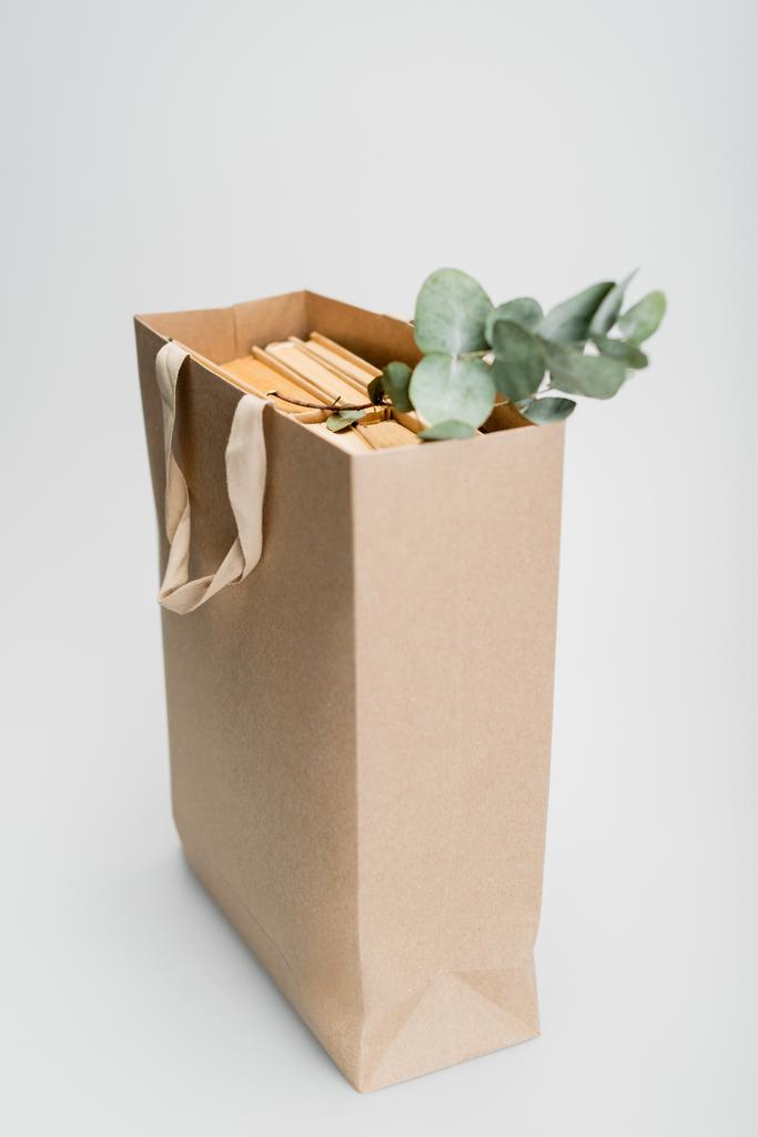bevásárló táska könyvekkel és szárított növény zöld levelek szürke alapon - Fotó, kép