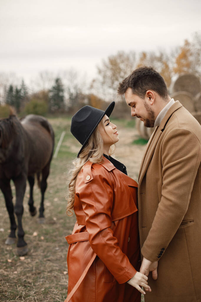 Casal romântico andando no campo com cavalos - Foto, Imagem