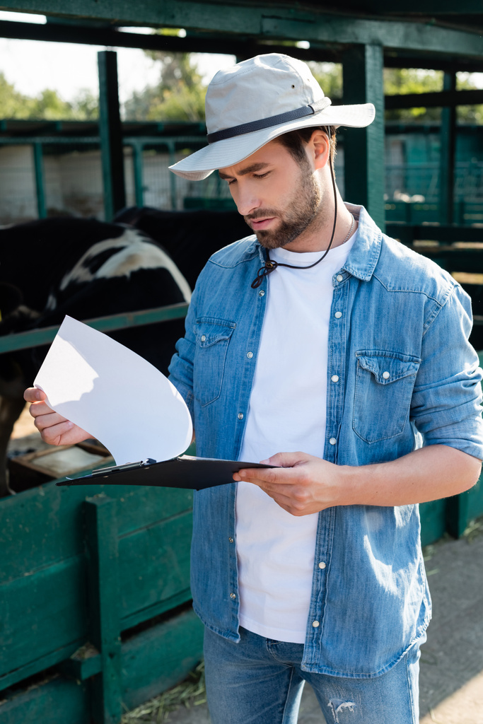 jeune agriculteur en chemise denim et chapeau bord regardant presse-papiers près étable floue - Photo, image