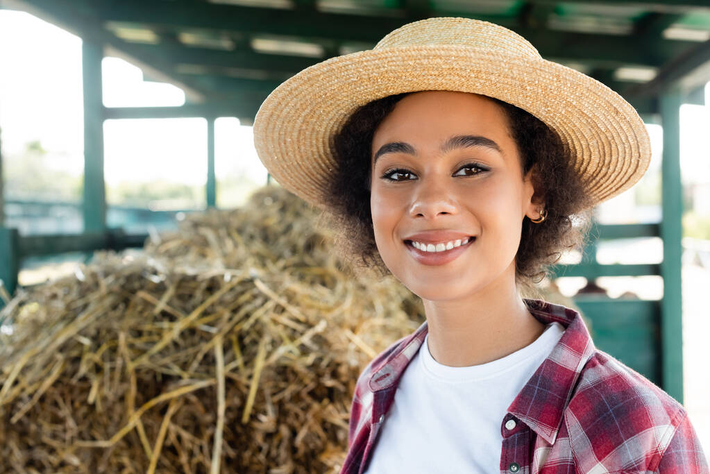 jeune femme afro-américaine en chapeau de paille souriant à la caméra près de foin flou à la ferme - Photo, image