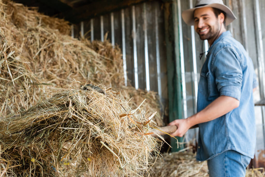 usmívající se farmář v klobouku stohování sena na rozmazaném pozadí - Fotografie, Obrázek