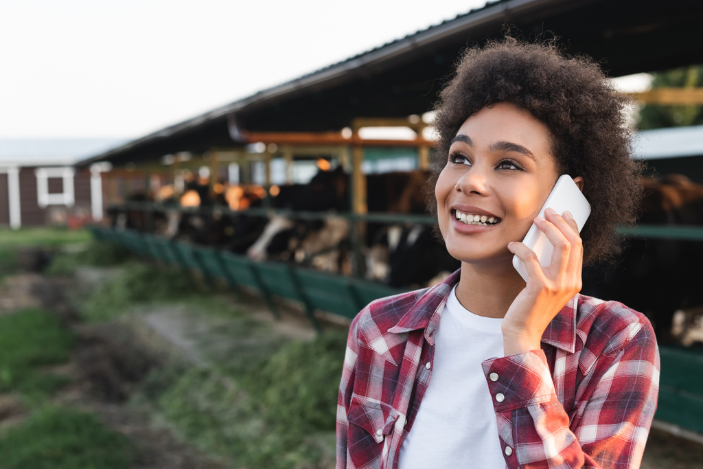 cheerful african american woman looking away while talking on smartphone on farm - Photo, Image