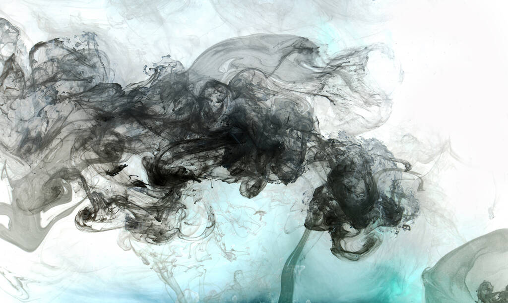 Dunkler Rauch auf weißem Tuschgrund, bunter Nebel, abstrakt wirbelndes Meer, Acrylfarbe Pigment unter Wasser - Foto, Bild