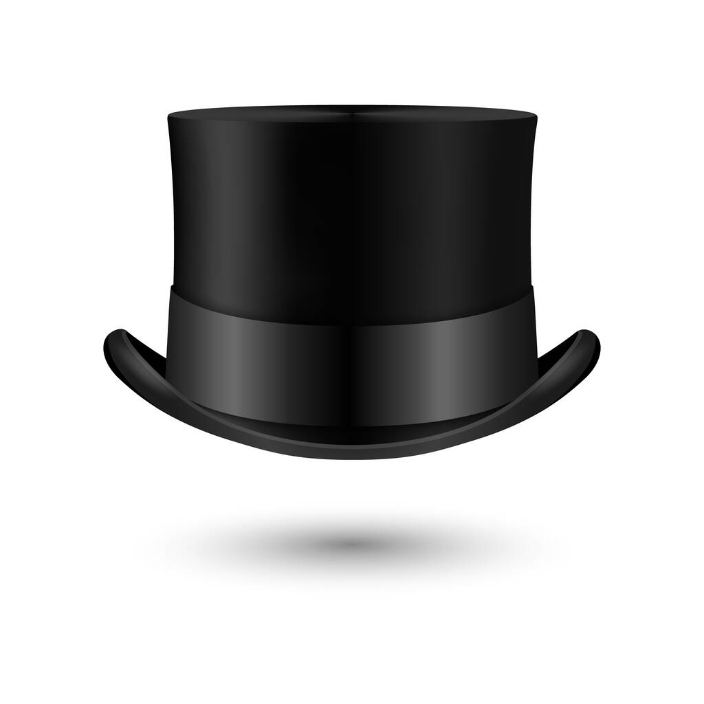 Διάνυσμα 3d Ρεαλιστική Retro, Vintage Black Top Hat Εικονίδιο Closeup Απομονωμένο σε λευκό. Σχεδιασμός Πρότυπο Top Hat, Mockup. Εικονίδιο Καπέλου κυρίων. Top Καπέλα στην μπροστινή όψη. - Διάνυσμα, εικόνα