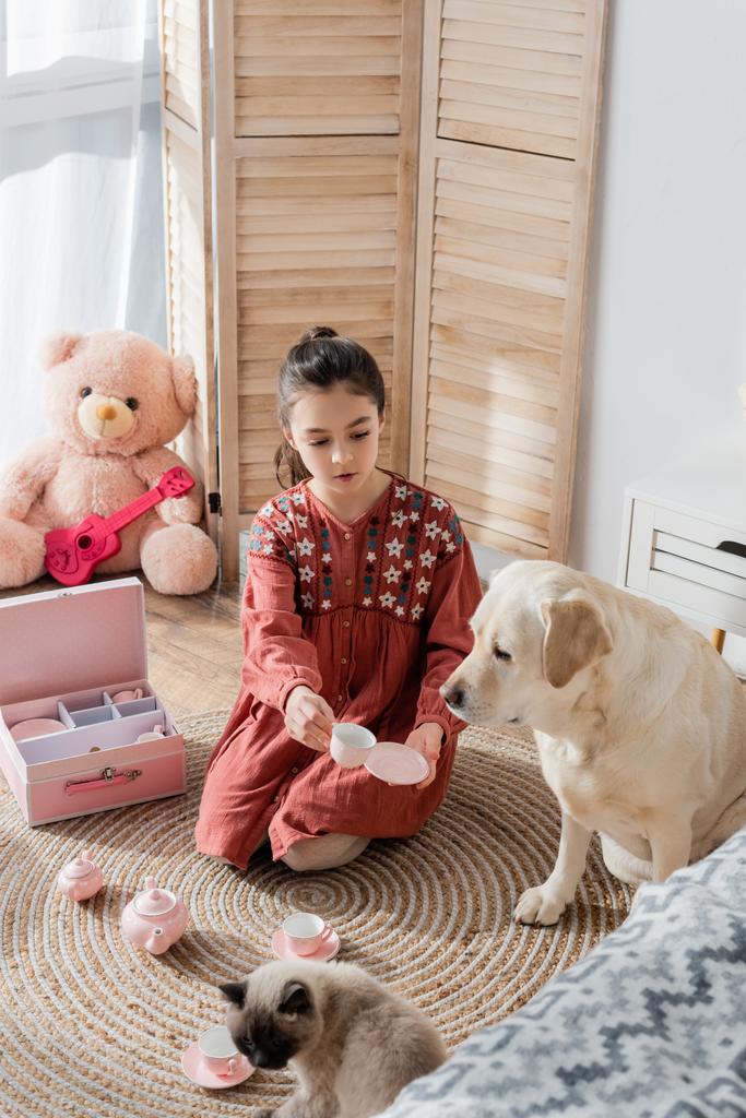 Tyttö osoittaa lelu teekuppi labrador koira pelatessaan lattialla lähellä lelu teepakkaus - Valokuva, kuva