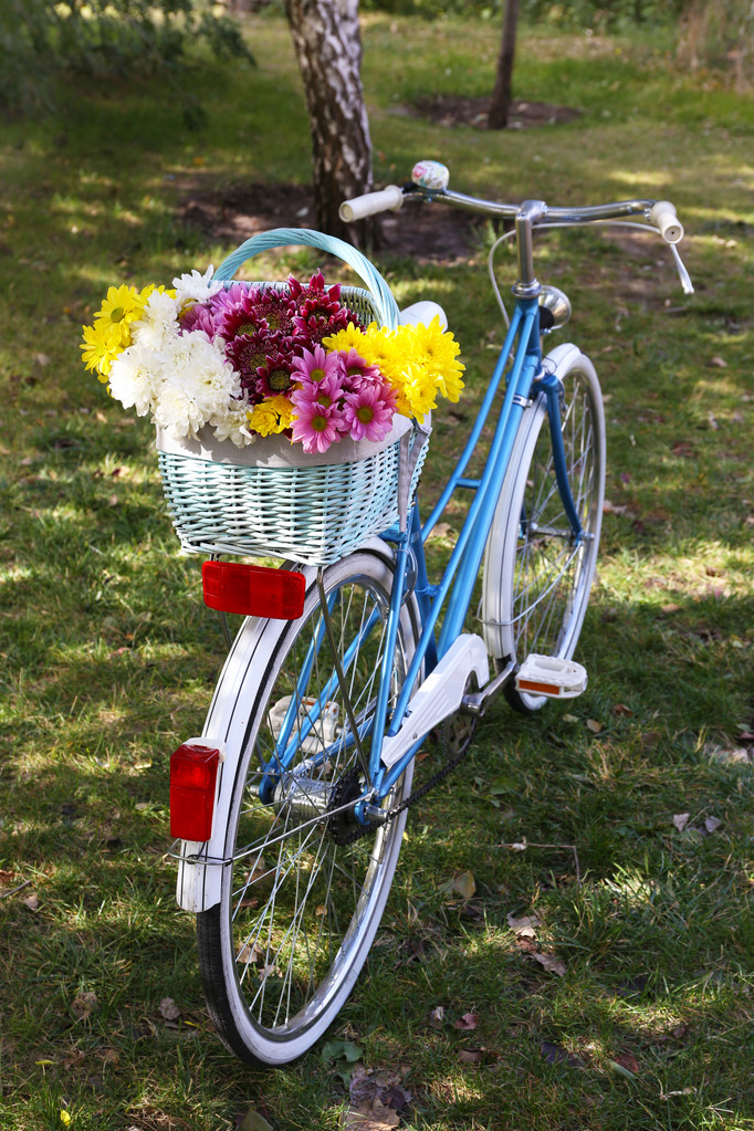 Ποδήλατο με λουλούδια σε μεταλλικό καλάθι - Φωτογραφία, εικόνα