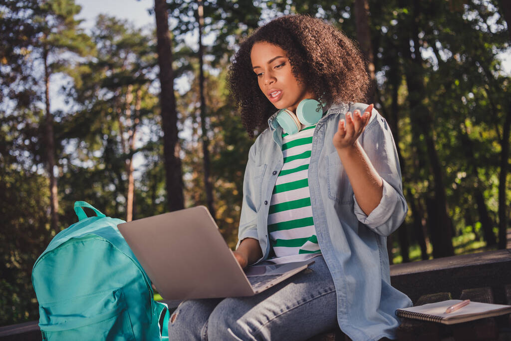 Perfil da foto lateral da jovem senhora africana usar laptop dizer cursos de aula on-line fones de ouvido árvores verdes ao ar livre - Foto, Imagem