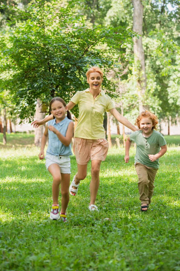 夏の公園を走る母親との興奮した子供たちの完全な長距離ビュー - 写真・画像