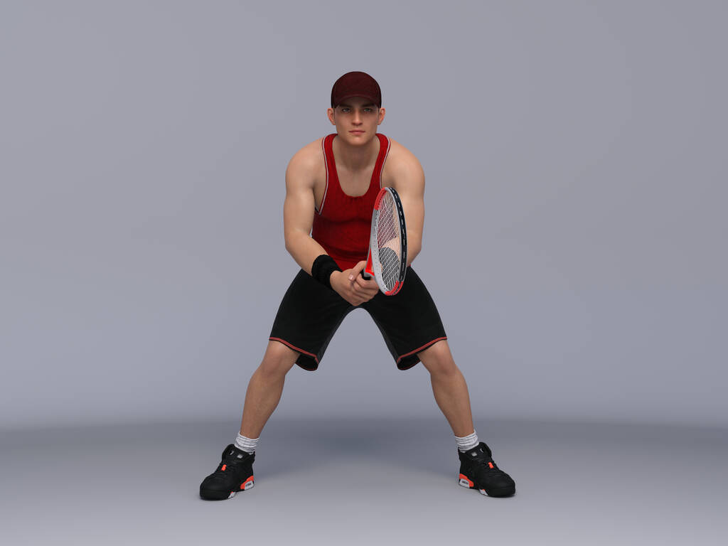 3D Render: Retrato de corpo inteiro de tenista masculino está realizando e atuando em sessão de treinamento - Foto, Imagem