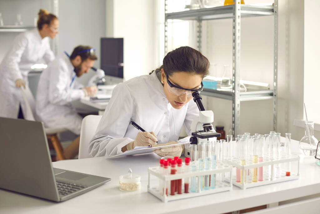 焦点を当てた女性は研究室のテーブルに座って顕微鏡下で細胞を調べる. - 写真・画像