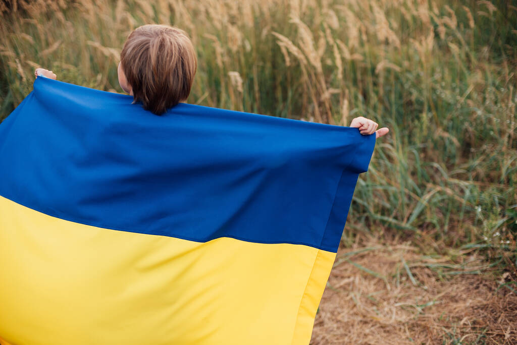 ウクライナ独立記念日。憲法の日だ。フィールドでのウクライナの黄色と青の旗とシャツのウクライナの子供の男の子. - 写真・画像