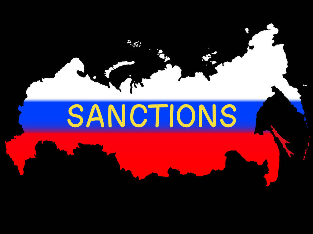 Abbildung der russischen Flagge mit Sanktionen Schriftzug isoliert auf schwarz - Vektor, Bild