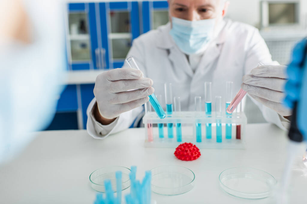 биоинженер держит пробирки с жидкостью рядом с моделью коронавирусов  - Фото, изображение