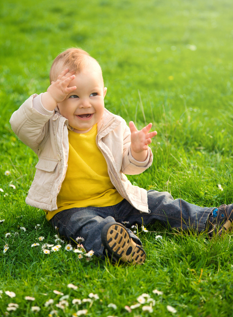 küçük oğlan yeşil çayır üzerinde oturuyor - Fotoğraf, Görsel