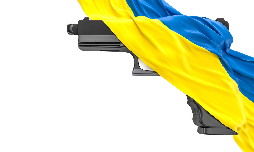 Пістолет, покритий українським прапором. 3d рендеринг - Фото, зображення