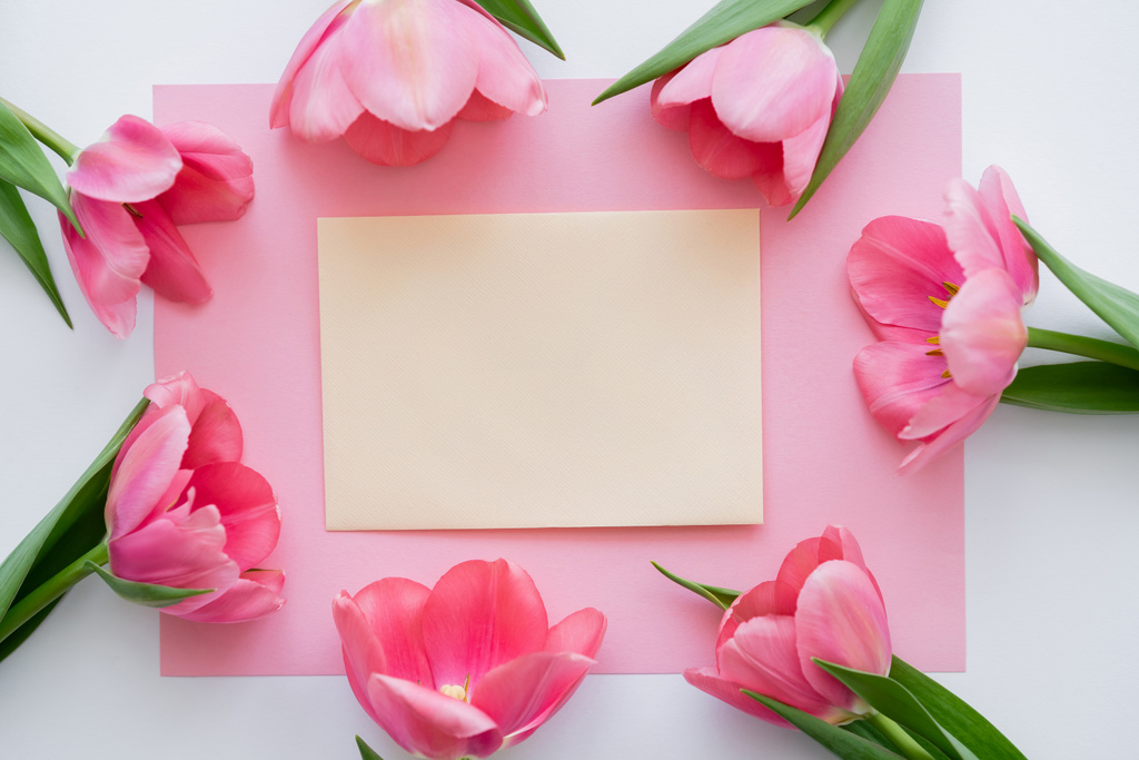 top view of frame with tulips near yellow envelope on white  - Photo, Image