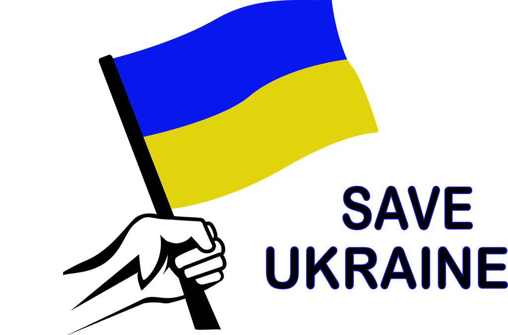 illustration of person holding national flag near save ukraine lettering isolated on white - Vector, Image