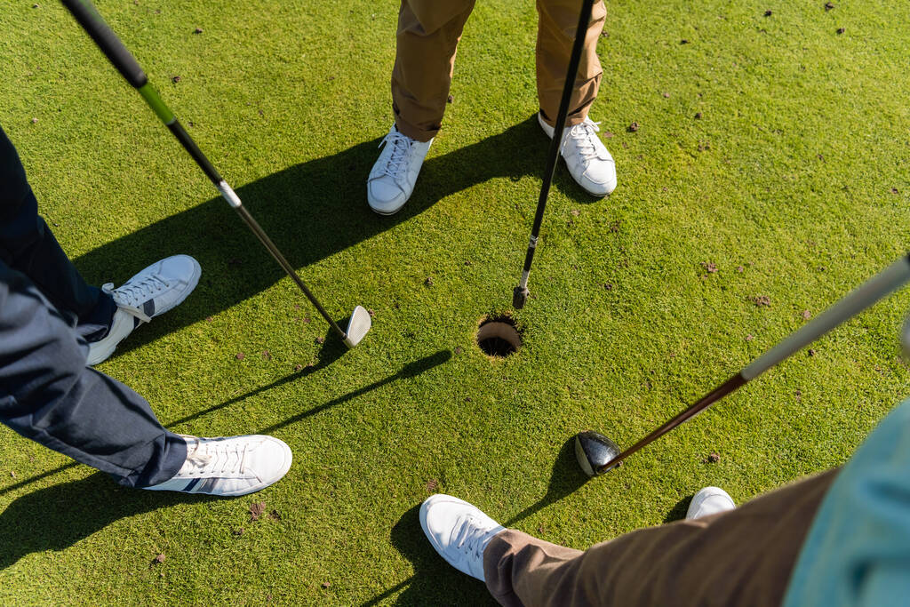 άποψη υψηλής γωνίας των ηλικιωμένων φίλων στέκεται με μπαστούνια του γκολφ στο γκαζόν - Φωτογραφία, εικόνα