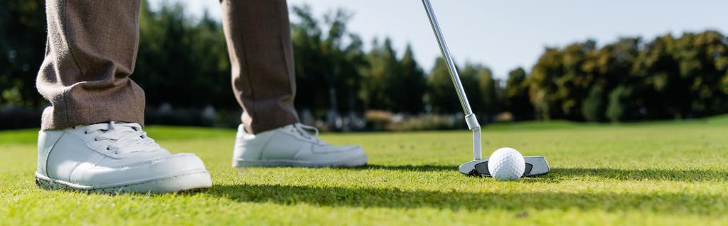 обрізаний вид людини в білих кросівках, граючи в гольф на газоні, банер
 - Фото, зображення