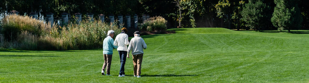 Rückseite von Senioren interracial friends walking on green field with golf clubs, banner - Foto, Bild